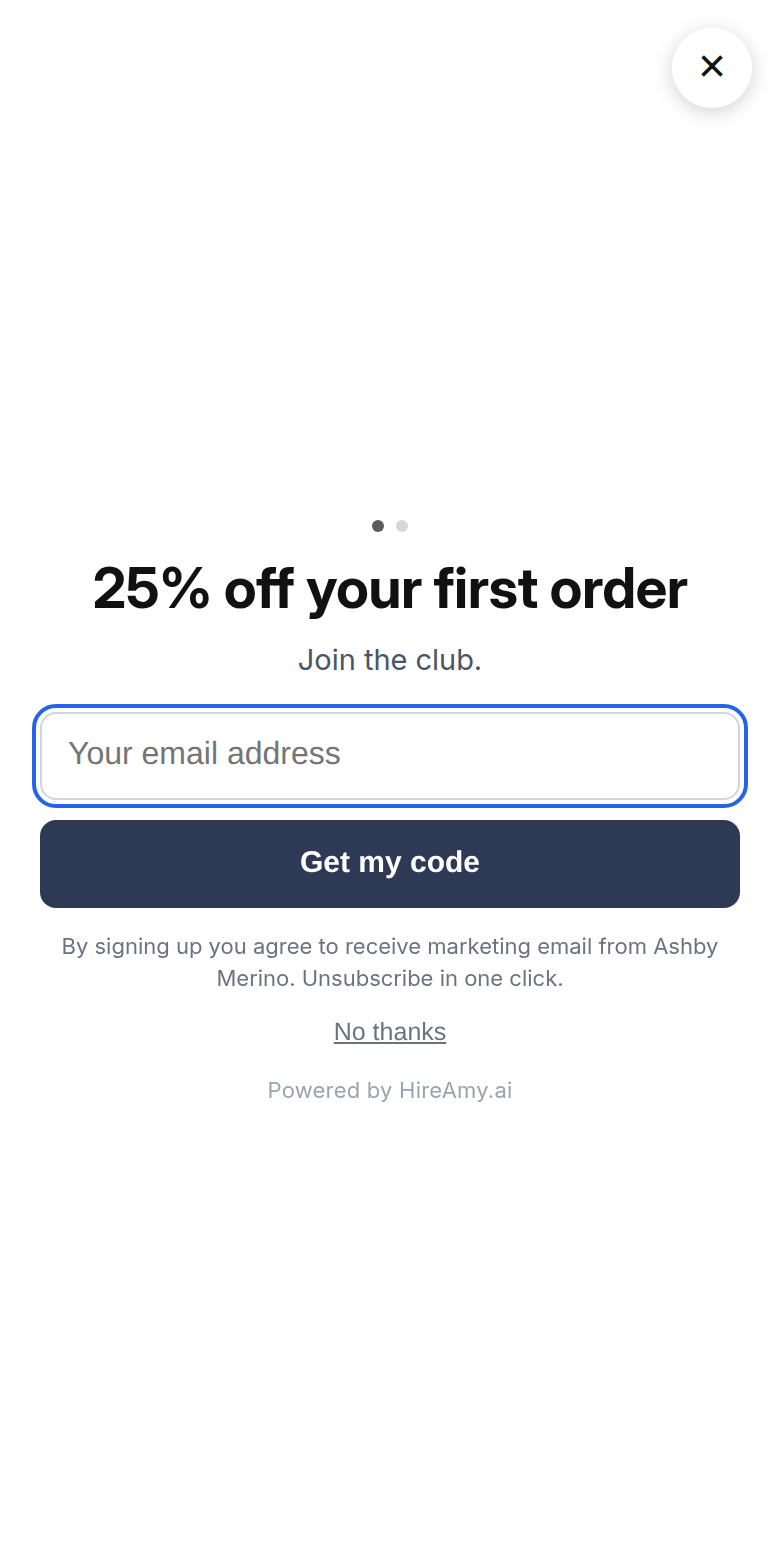 The same popup with no game: 25% off your first order, an email field and a Get my code button.