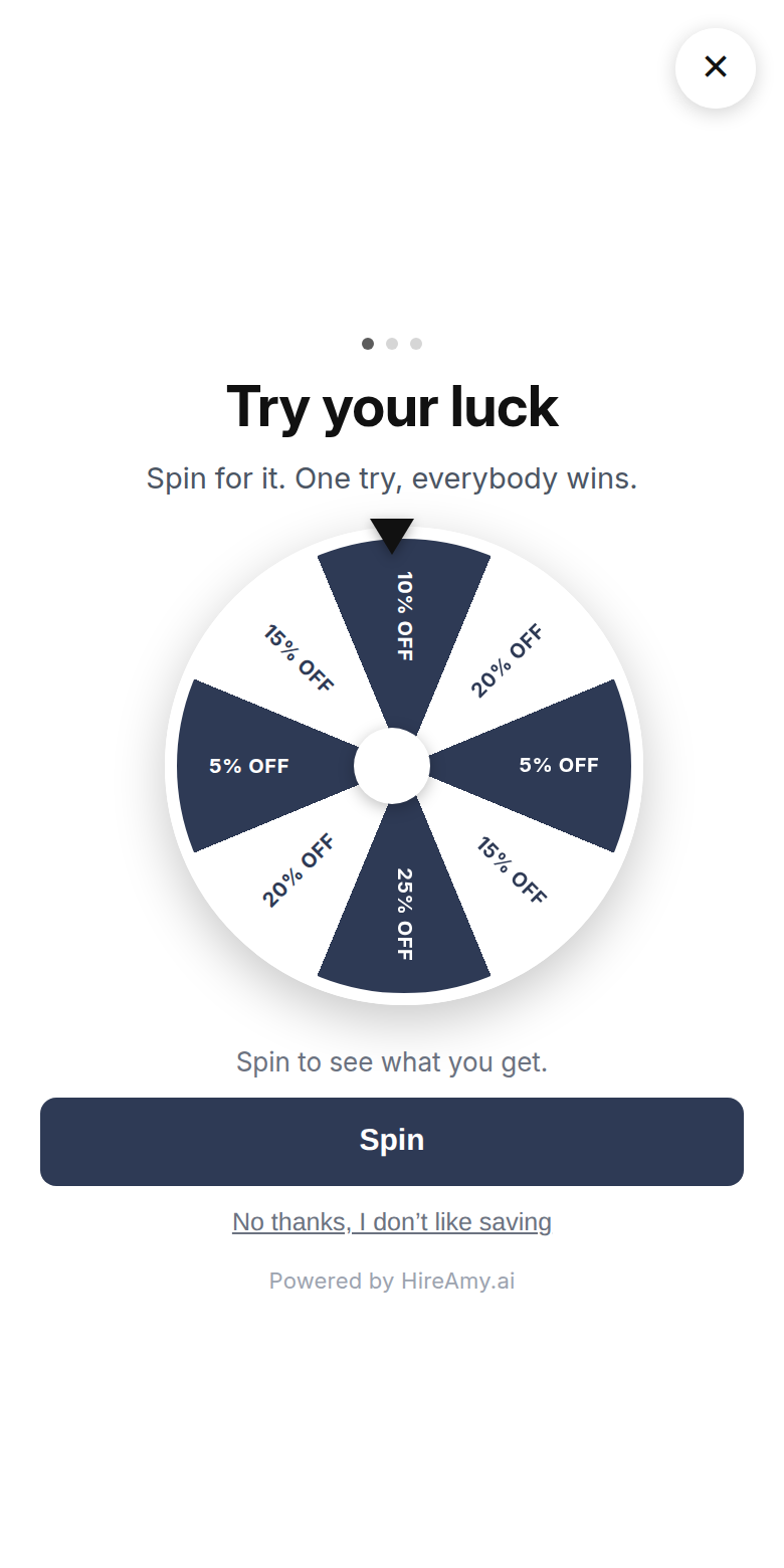 Amy’s signup popup filling a phone screen: Try your luck, a wheel of 5% to 25% off that always lands on the 25%, and a Spin button.